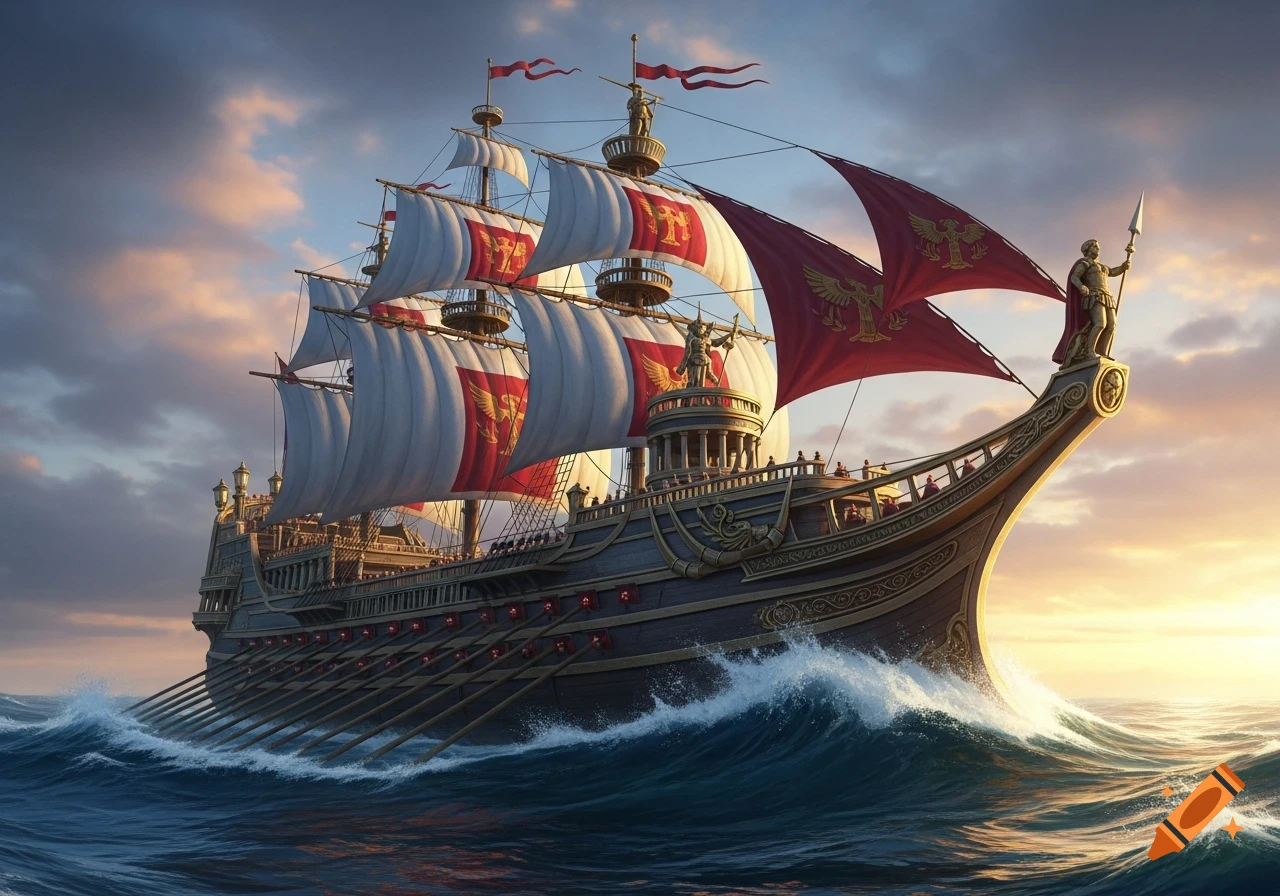 A majestic Roman-style galleon, adorned with red and gold eagle-crested sails, sails through a rough blue sea under a dramatic sky.