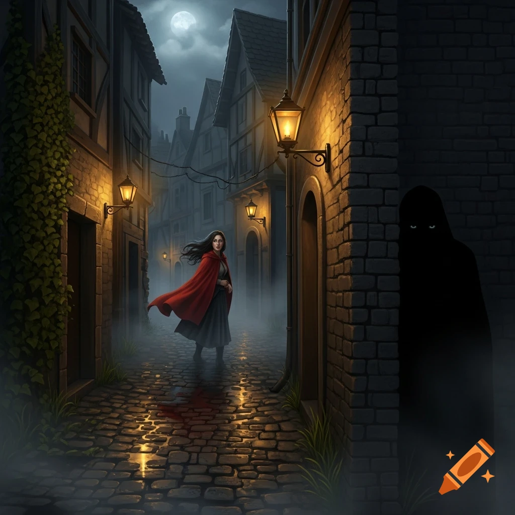 A woman in a red cloak turns in a misty, moonlit cobblestone alley, stalked by a shadowy figure hiding in the dark.