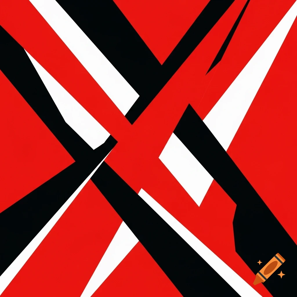 Abstract design with intersecting red, black, and white geometric shapes and lines.