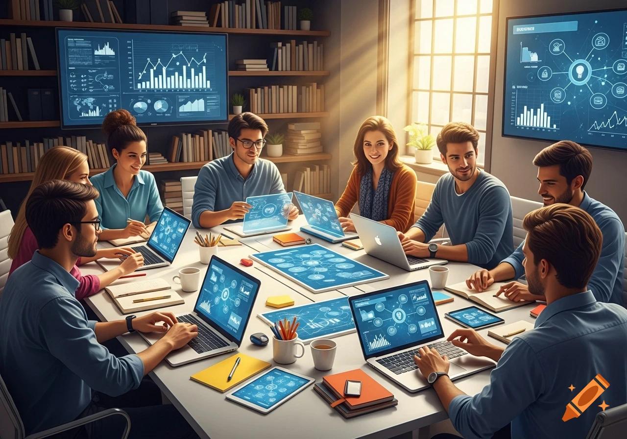 Diverse professionals collaborate around a table with laptops, tablets, and a large screen displaying charts in a modern office.