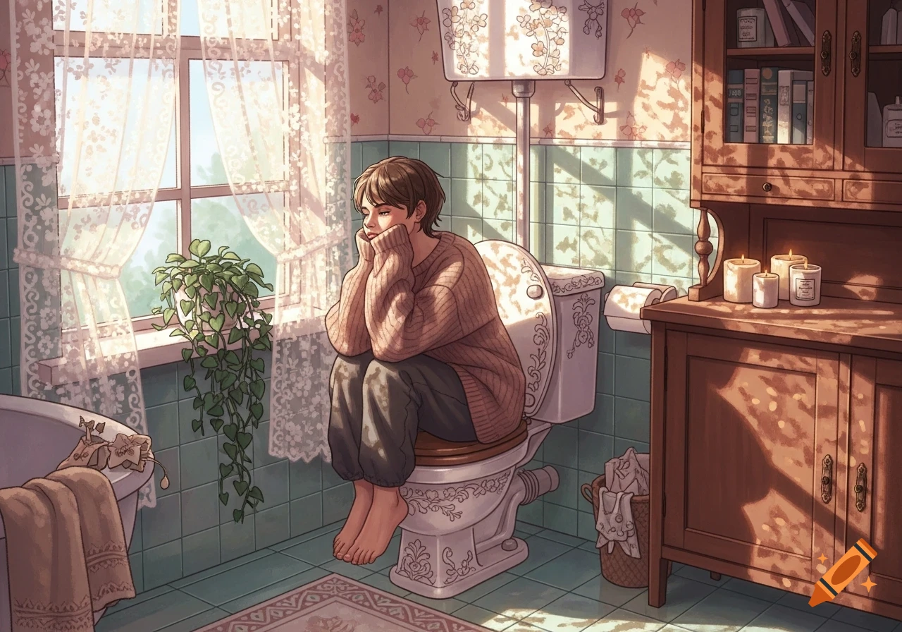 An anime-style person sits thoughtfully on a toilet in a sunlit bathroom, looking out a lace-curtained window.