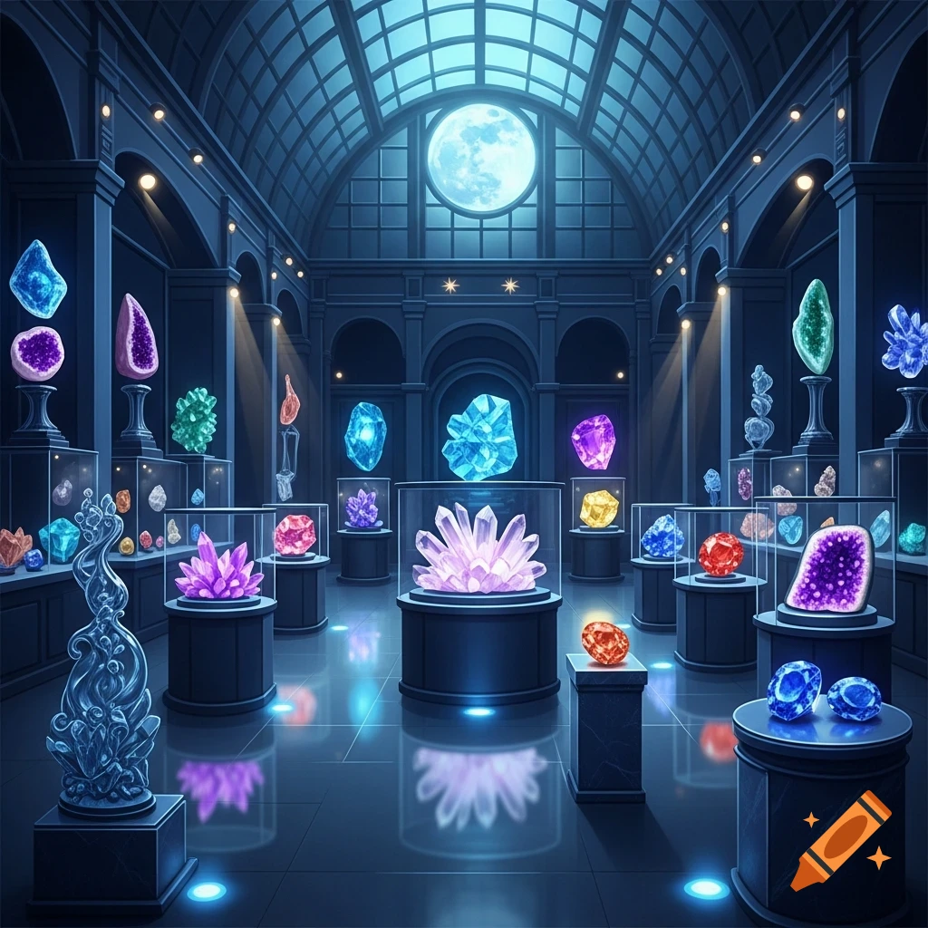 A softly lit magical museum at night showcasing various glowing crystals and gemstones under a moonlit skylight.