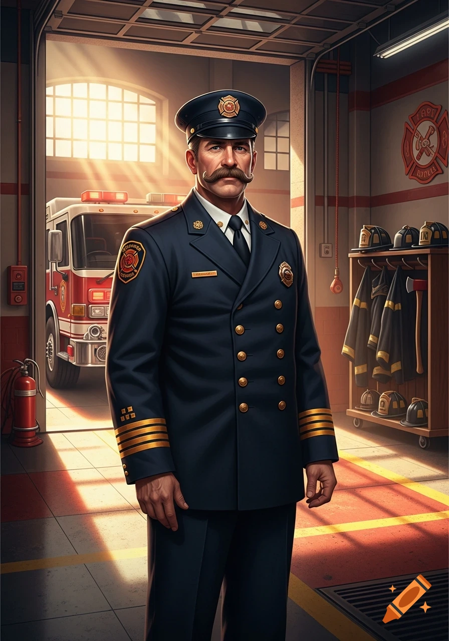A distinguished fire chief with a mustache stands in a fire station, a fire truck visible behind him.