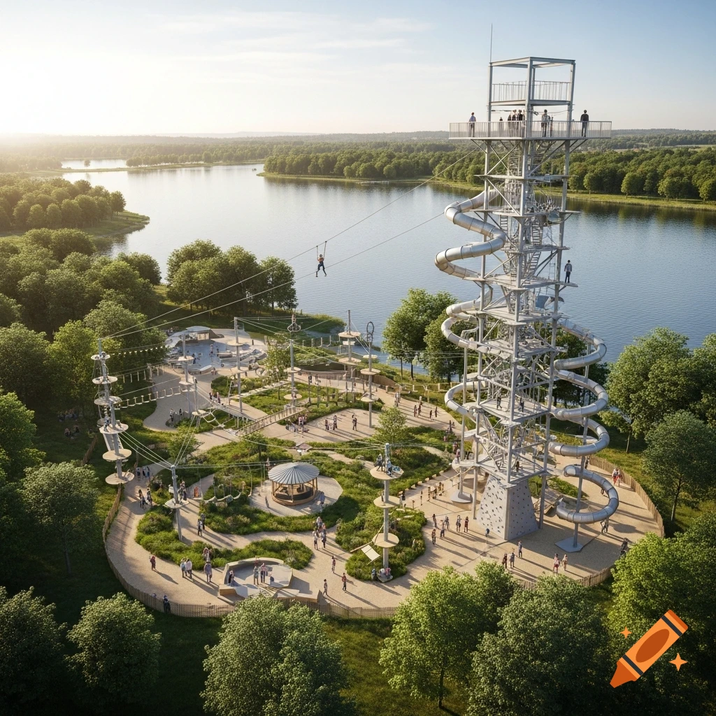 Aerial view of a large, photorealistic adventure park with a tall multi-activity tower, zip lines, and a ropes course by a lake surrounded by trees.