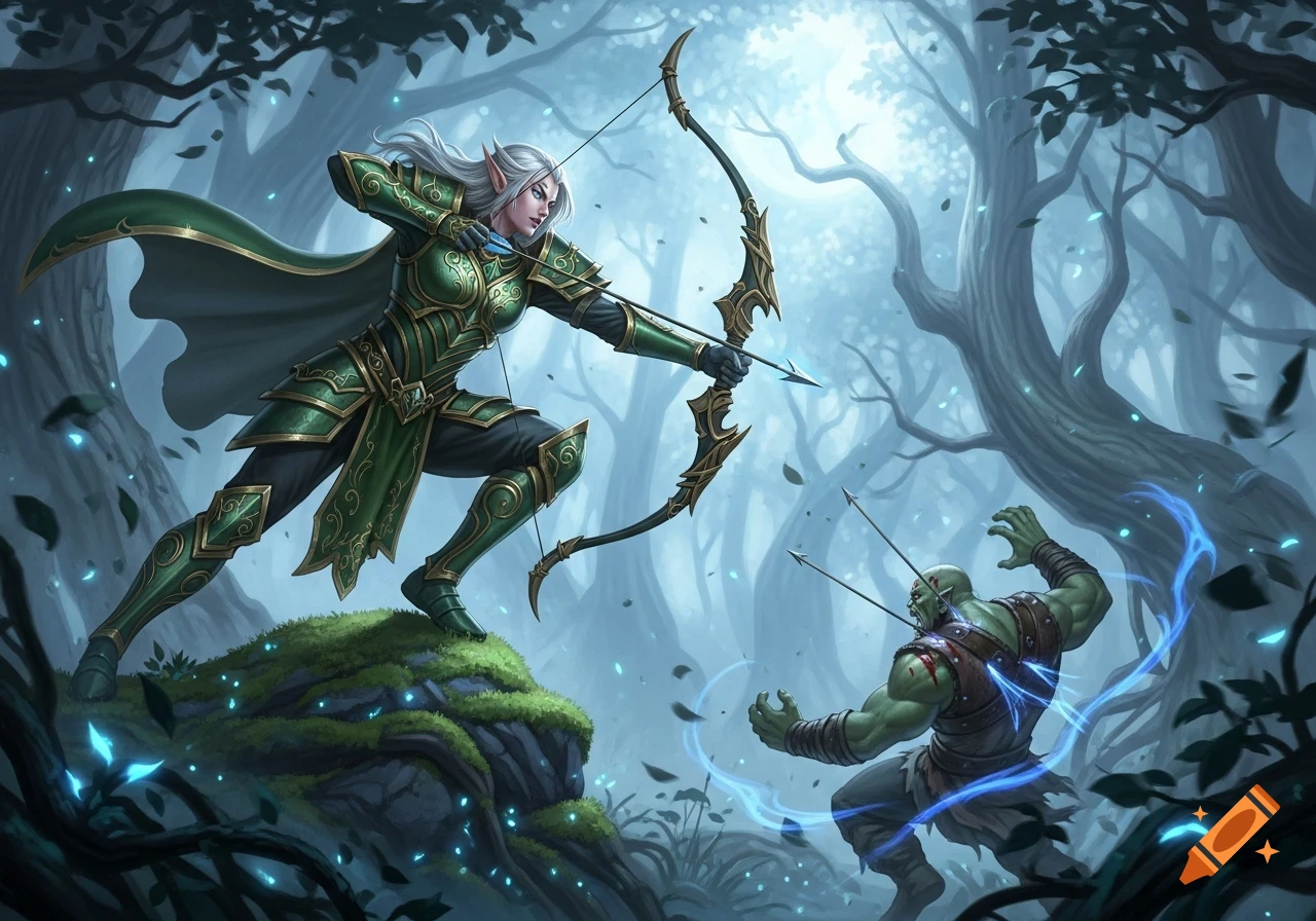 An elf archer in green armor shoots glowing arrows at an orc in a mystical forest, fantasy digital painting.