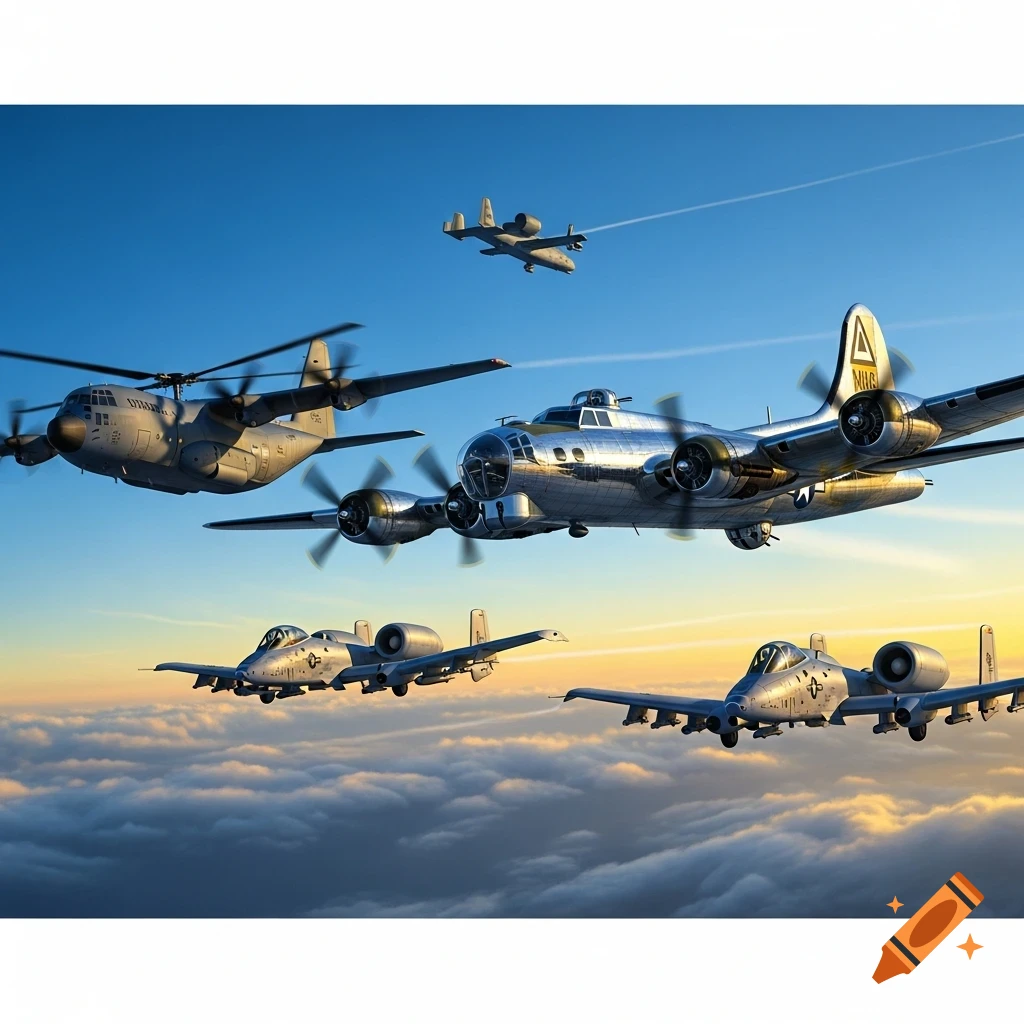 Military aircraft, including a shiny B-17 bomber, a C-130 transport plane, and two A-10 Warthogs, fly in formation above clouds at sunset.