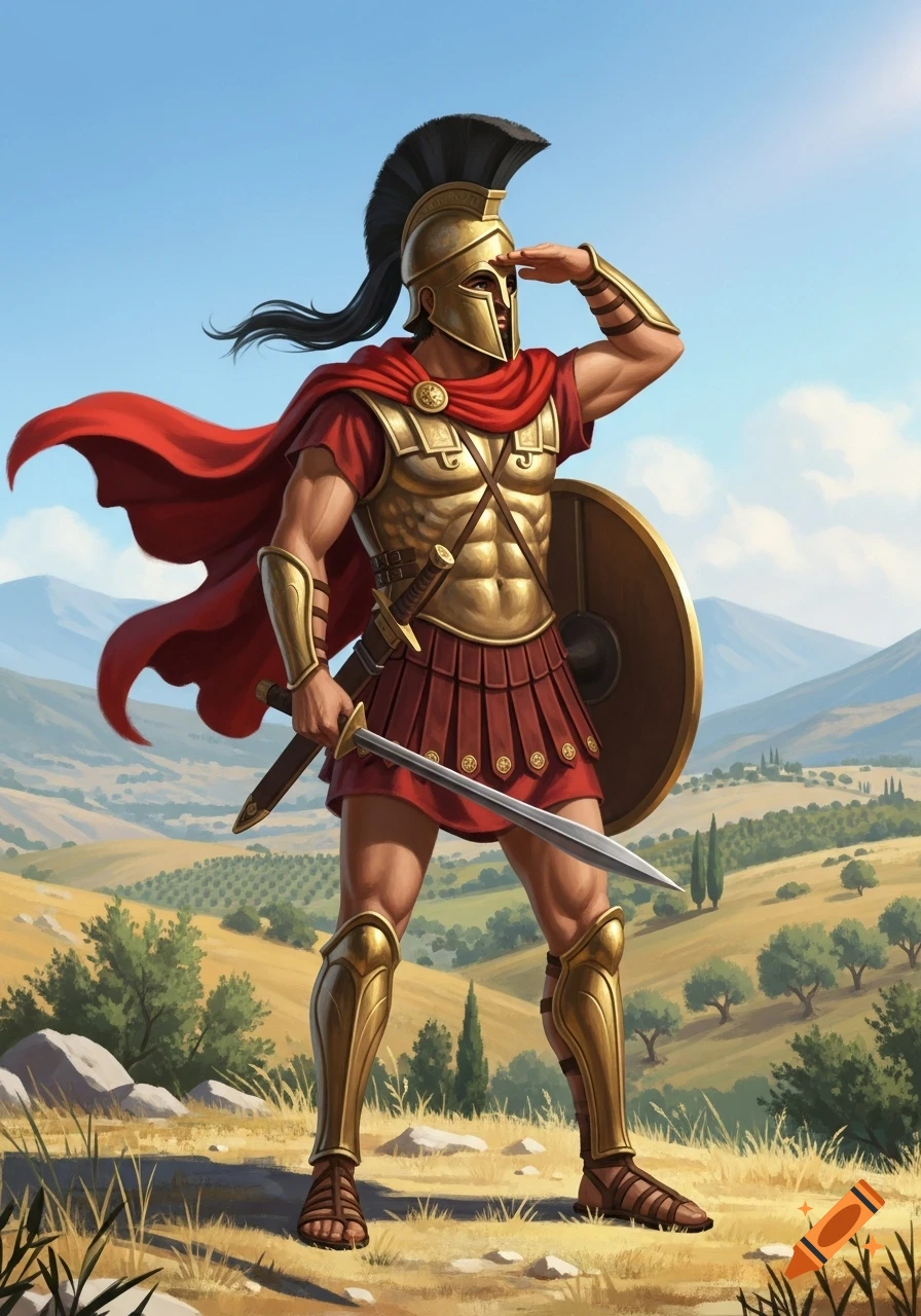 An ancient Greek Hoplite in golden armor and a red cape stands on watch, shielding his eyes from the sun in a hilly landscape.