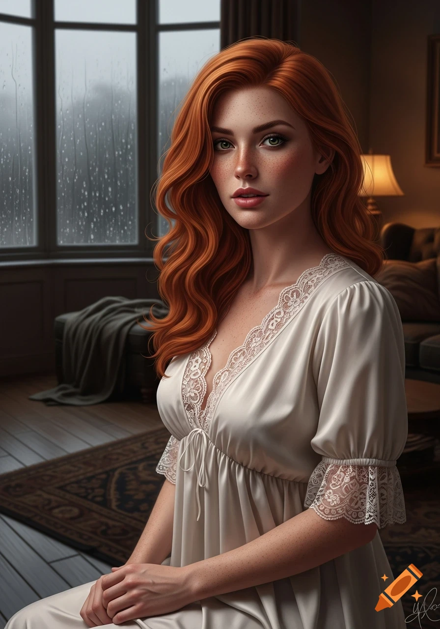 Photorealistic portrait of a red-haired woman with freckles in a white lace nightgown, seated indoors with a rainy window.