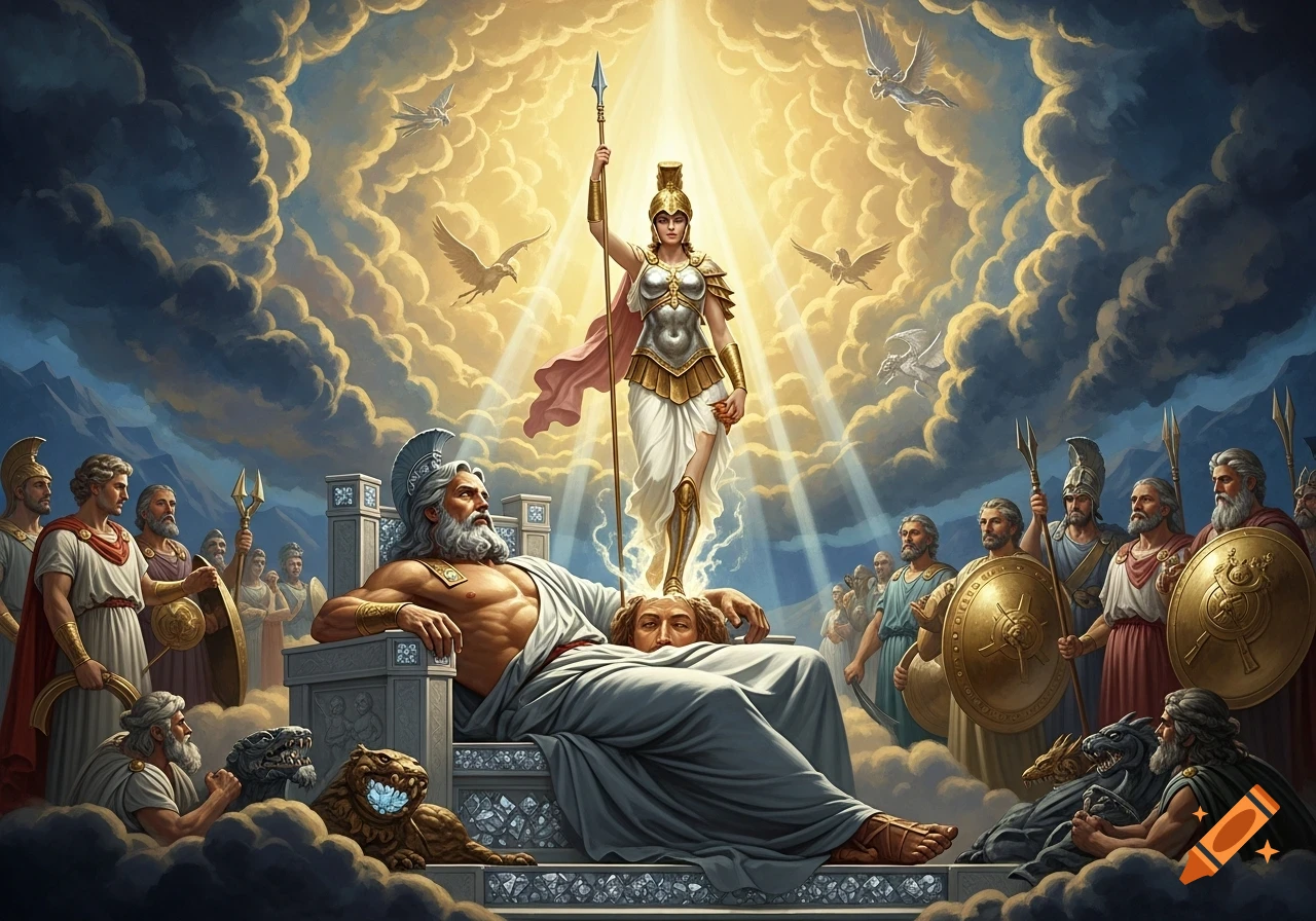 A richly detailed illustration of the birth of Athena from Zeus's head, surrounded by gods and heavenly clouds with other deities.