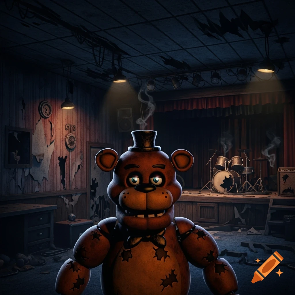 A 3D render of Freddy Fazbear animatronic in a dark, dilapidated room with a stage and drums.