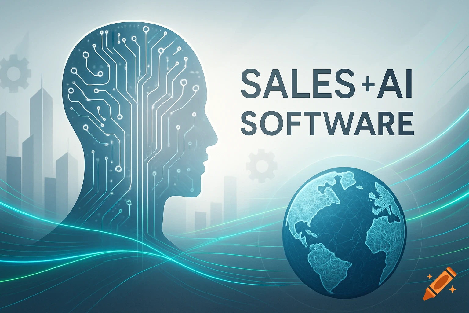 Stylized graphic with circuit board human head, globe, city silhouettes, and 'SALES+AI SOFTWARE' text.