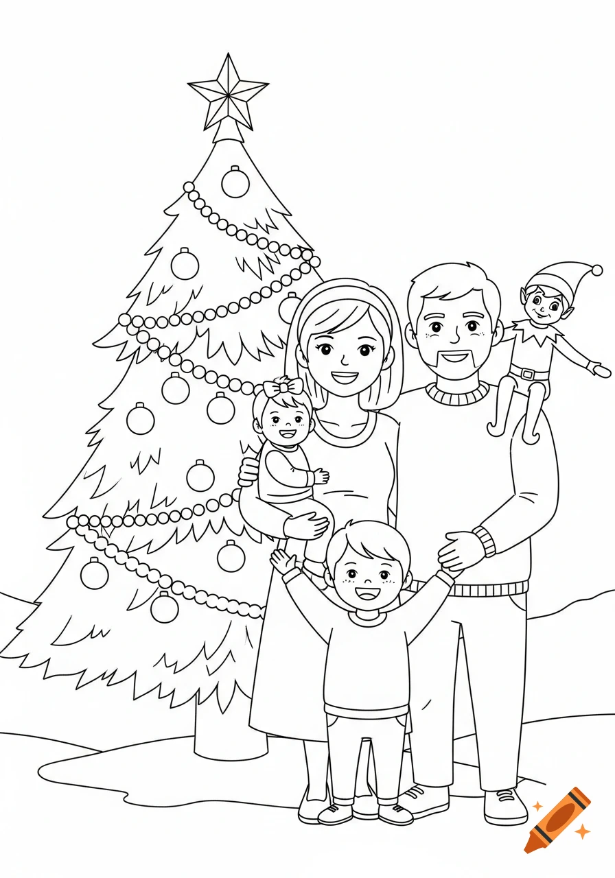 Black-and-white outline coloring page featuring a smiling family, Christmas tree, and Elf on the Shelf.