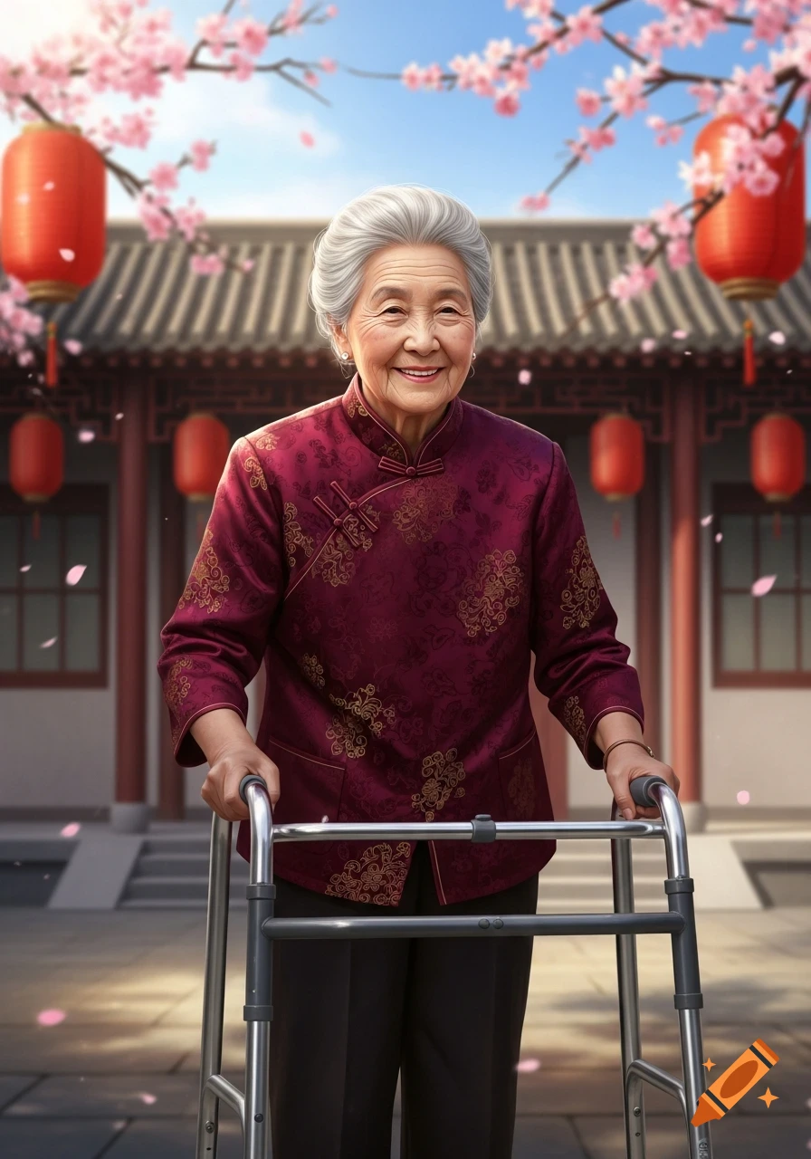 Smiling elderly Chinese woman in traditional attire, holding a walker, in a courtyard with cherry blossoms and red lanterns.
