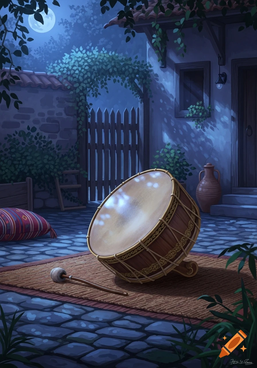 Digital illustration of a large drum and mallets on a mat in a moonlit courtyard with traditional architecture.