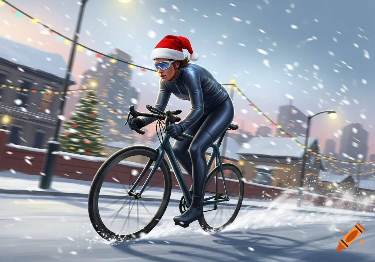 A cyclist in a Santa hat and racing suit rides a road bike down a snowy city street adorned with Christmas lights and a tree.