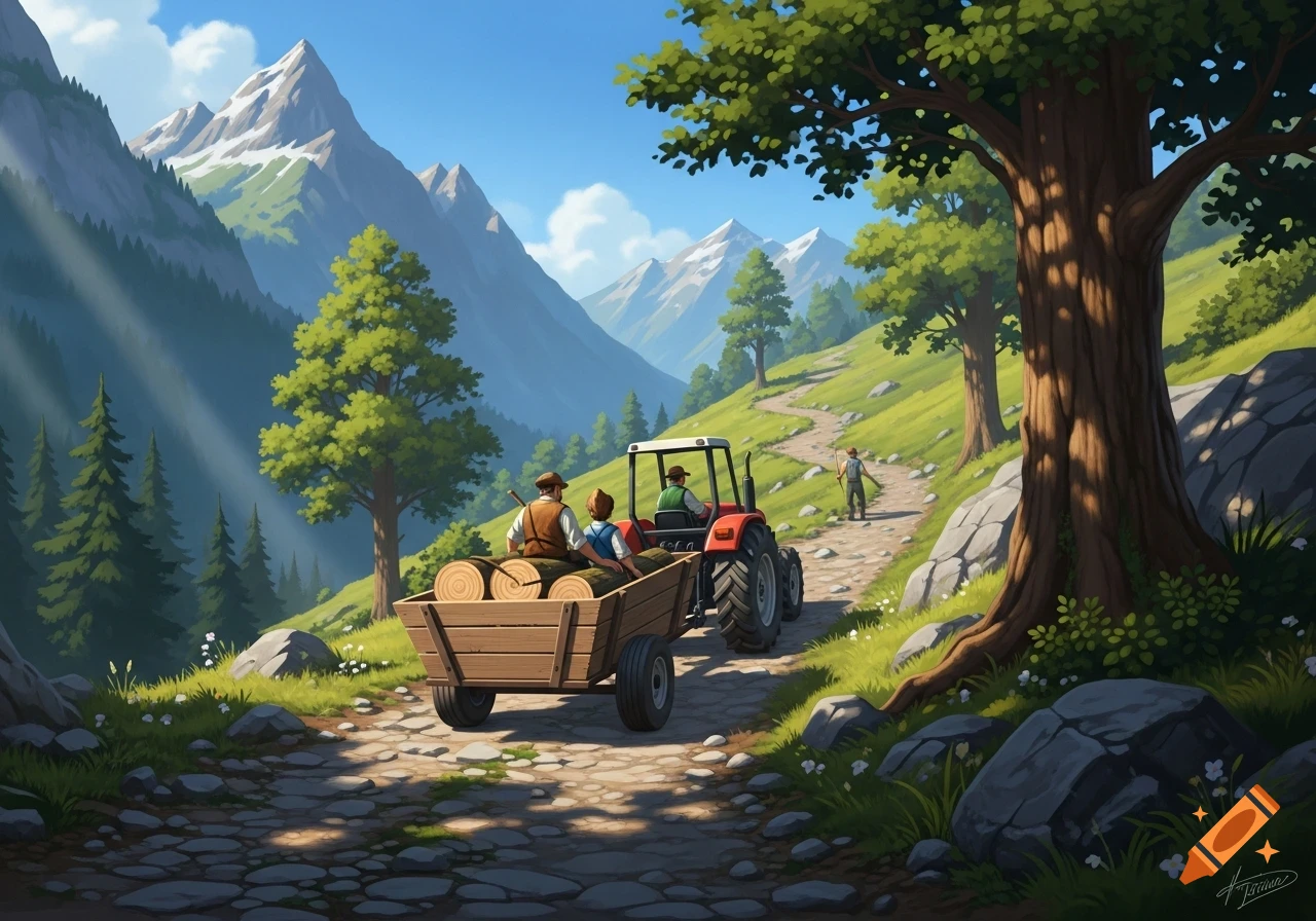 Stylized illustration of people riding a tractor and log cart up a winding mountain path, surrounded by trees and snow-capped peaks.