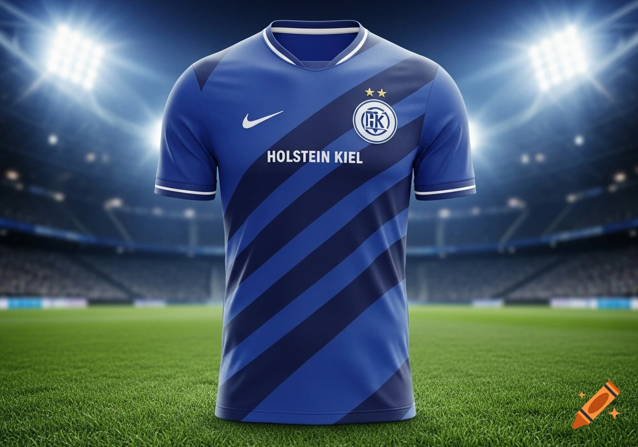 A blue Holstein Kiel soccer jersey with diagonal stripes, a Nike logo, and a club crest, displayed on a green football field in a stadium.