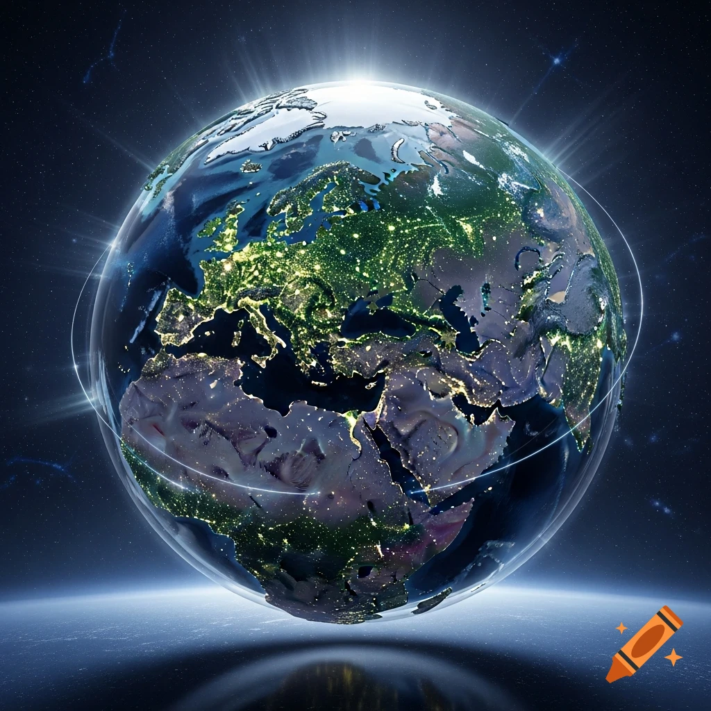 A detailed digital art image of the Earth from space at night, focusing on Europe, Africa, and Asia with glowing city lights and celestial light rays.