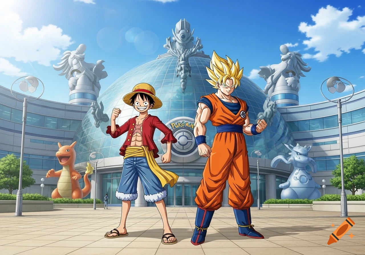 Anime characters Luffy and Goku stand before a modern Pok mone gym building with statues of Charizard and Mewtwo.