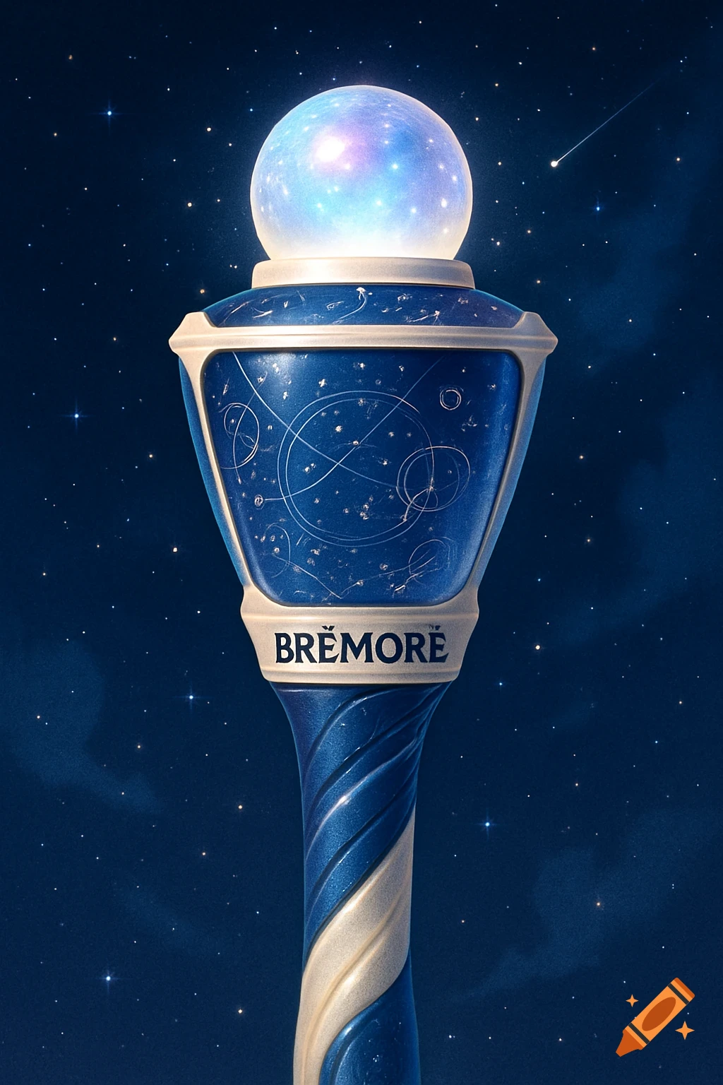 A stylized blue and cream K-pop lightstick with a glowing cosmic orb and constellations, against a starry night sky with a shooting star.