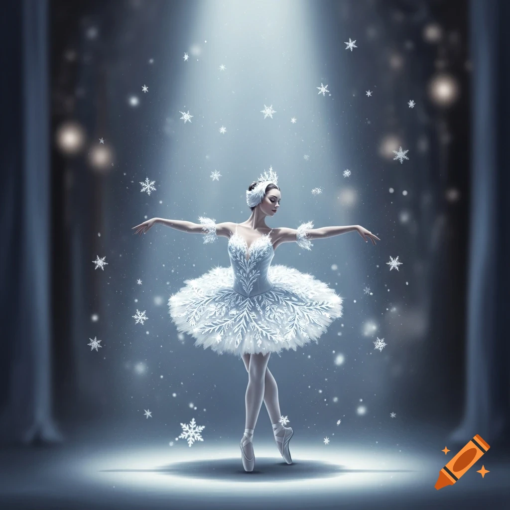 A ballerina in a white snowflake costume dances en pointe under a spotlight on a stage with falling snowflakes.