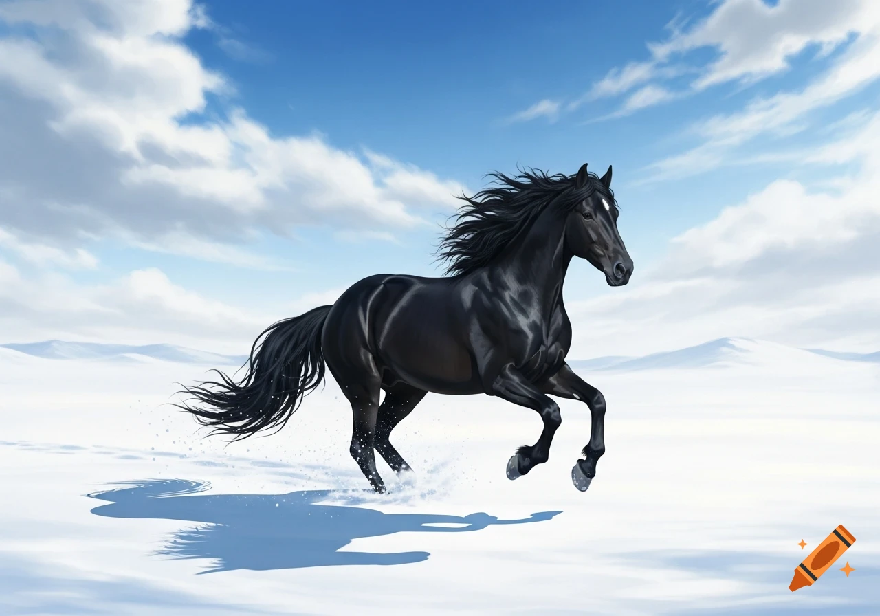 A majestic black horse with a flowing mane gallops through deep snow under a bright blue sky with white clouds.