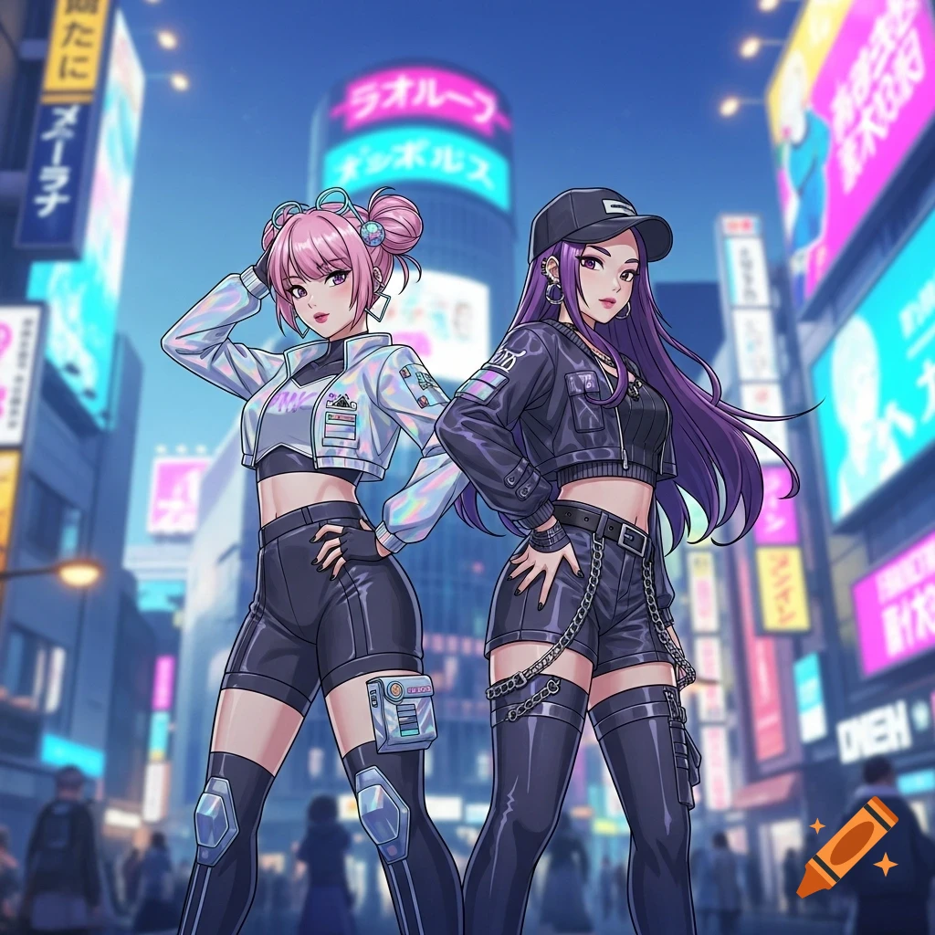 Two anime-style women in K-pop-inspired fashion pose confidently on a futuristic city street at night, with neon signs in the background.
