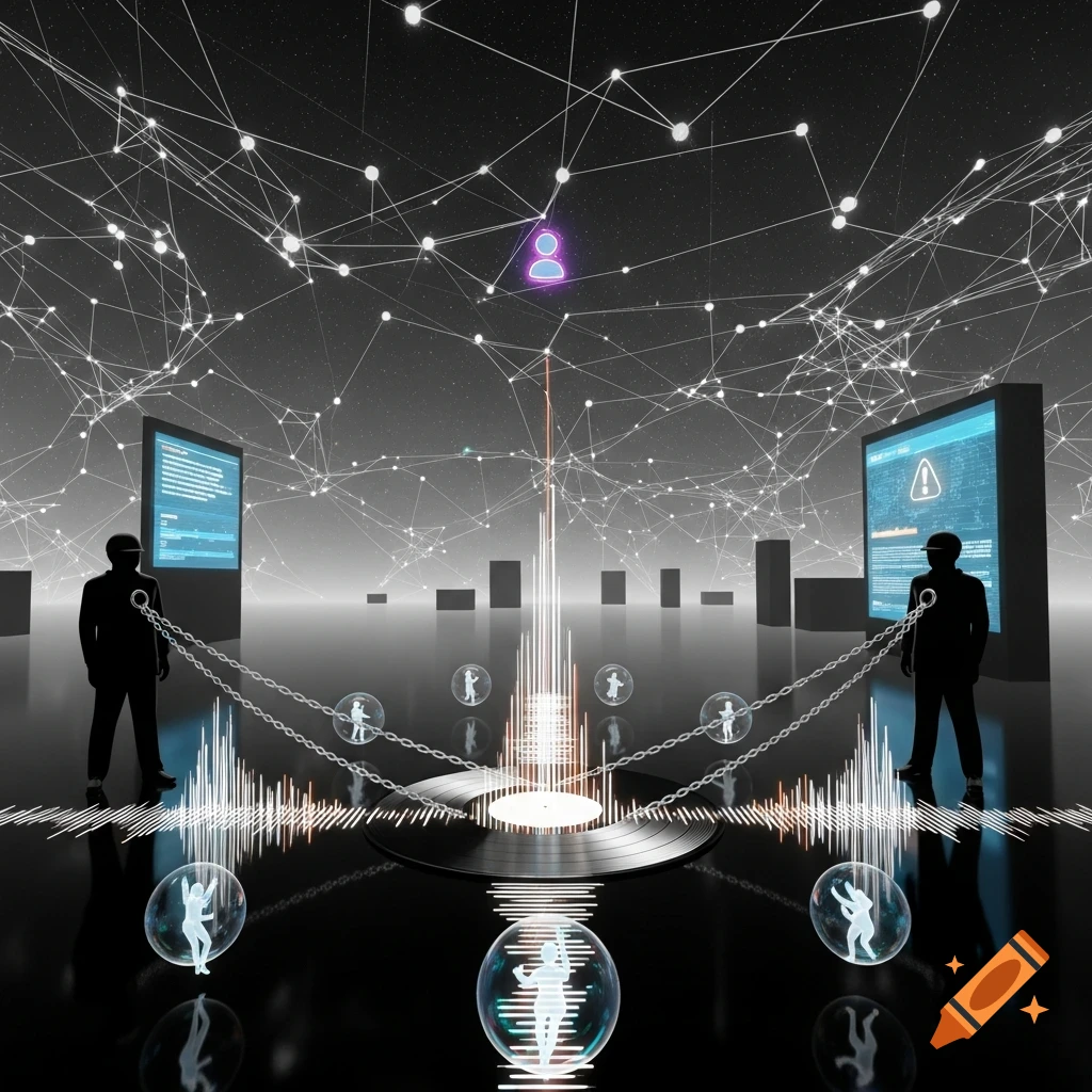 A conceptual digital landscape shows two silhouetted figures chained to a vinyl record, surrounded by glowing bubbles with figures, screens displaying garbled text and warnings, all under a network of connected nodes and lines.