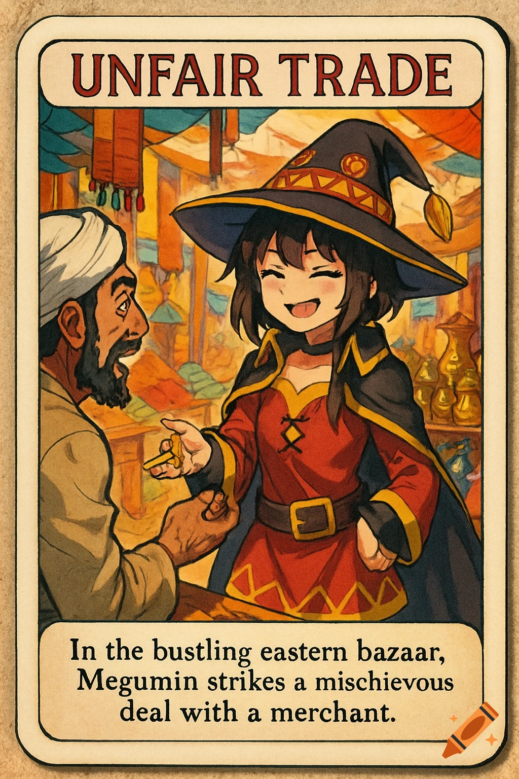 A manga-style playing card titled "UNFAIR TRADE" depicts Megumin in a witch hat grinning while exchanging an item with a merchant in an eastern bazaar. Explanatory text below describes the scene.