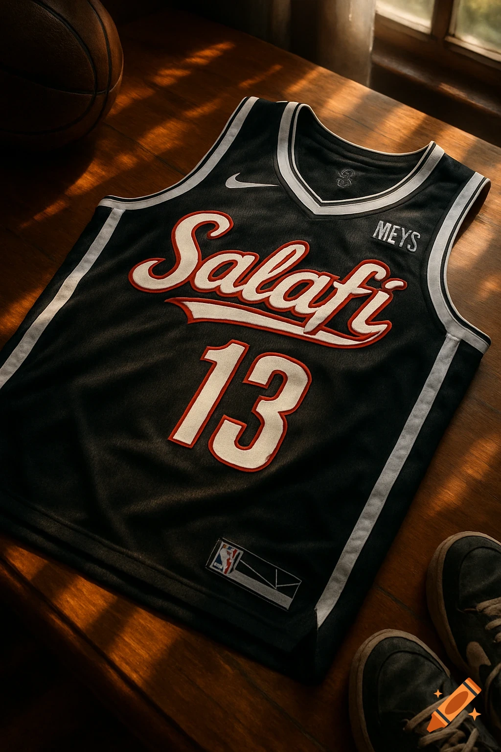 A black basketball jersey with "Salafi" and "13" in red and white, a basketball, and sneakers on a wooden table, photorealistic.