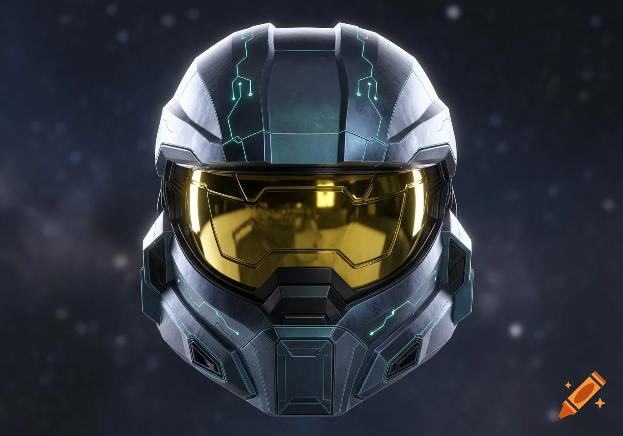 A dark grey futuristic helmet with a golden visor and glowing teal circuit patterns, set against a dark, starry background.