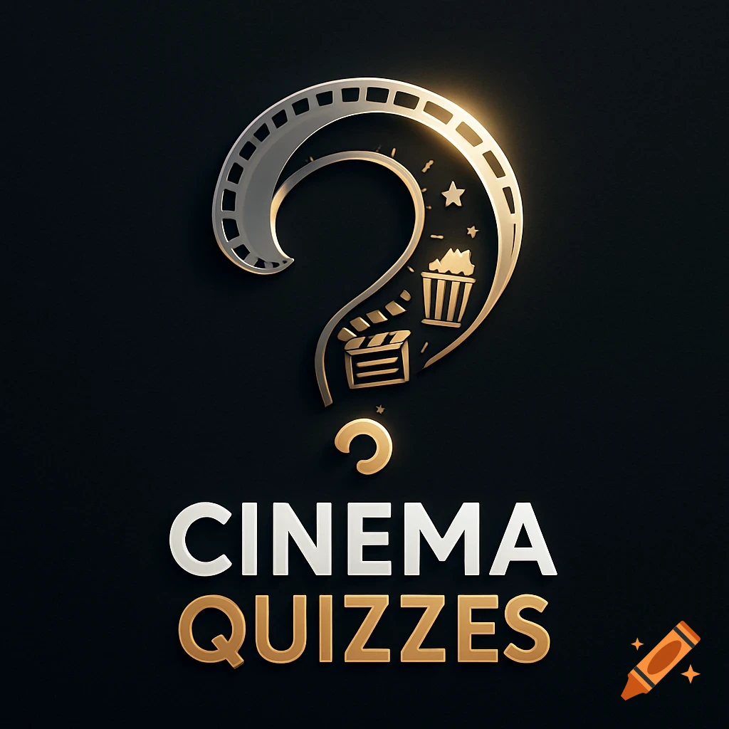 3D logo of a film reel shaped into a question mark with a clapperboard and popcorn inside, above the words 'CINEMA QUIZZES'.