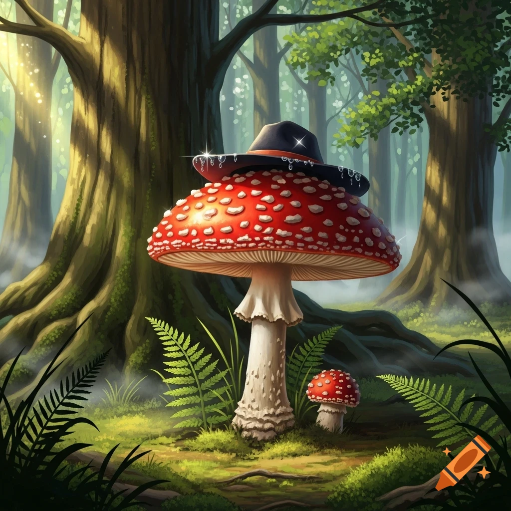 A large red and white spotted mushroom wears a black fedora in a mystical, vibrant green forest. Fantasy illustration style.