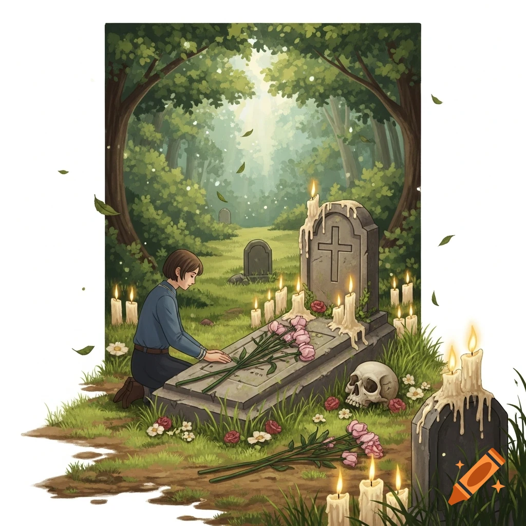 An illustration of a person kneeling by a gravestone in a forest graveyard, surrounded by candles, pink flowers, and a skull.