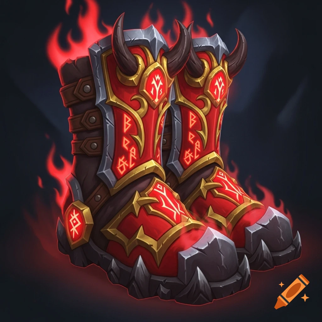 A pair of stylized red and gold demonic warrior boots with horns, glowing runes, and a red fiery aura.