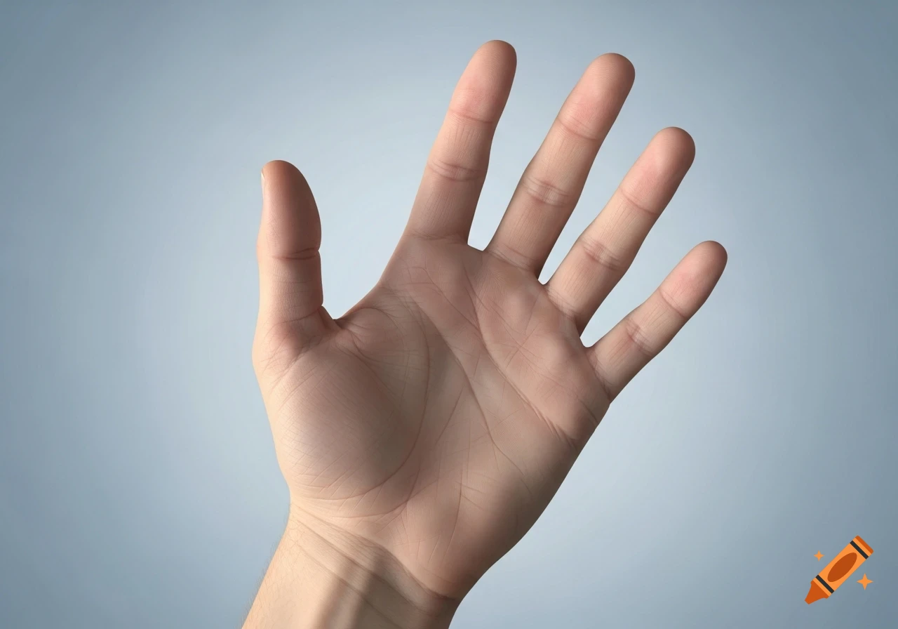 An open human hand with the palm facing forward and no visible fingernails, against a light blue background.