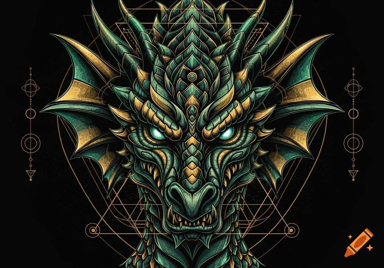 Ornate green and gold dragon head with glowing eyes, rendered in an intricate geometric digital art style on a dark background.
