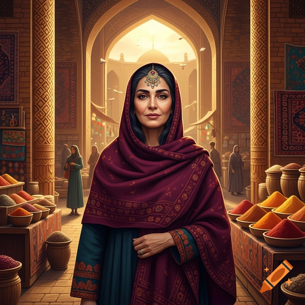 A woman in a deep red head covering and teal dress stands in a vibrant marketplace with colorful spices and rugs.