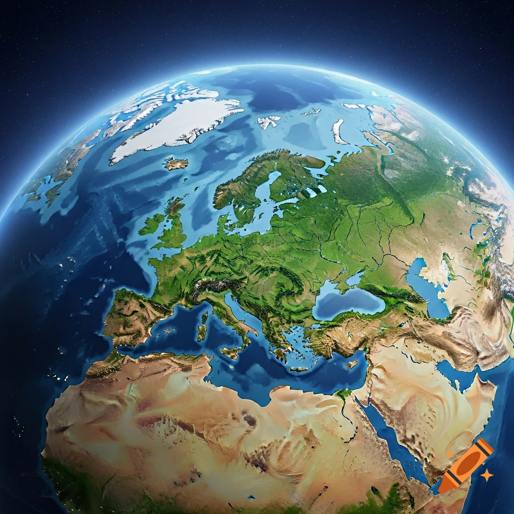 Photorealistic globe view of Earth from space, centered on Europe, showing detailed landmasses, oceans, and ice caps.