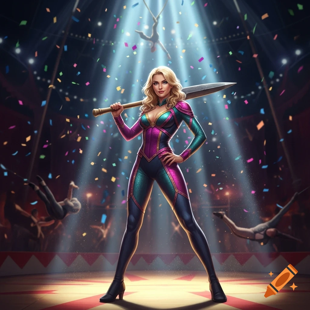 A strong blonde woman in a vibrant teal and pink circus costume holds a spear over her shoulder, standing in a spotlight with confetti falling, as acrobats perform in the background.