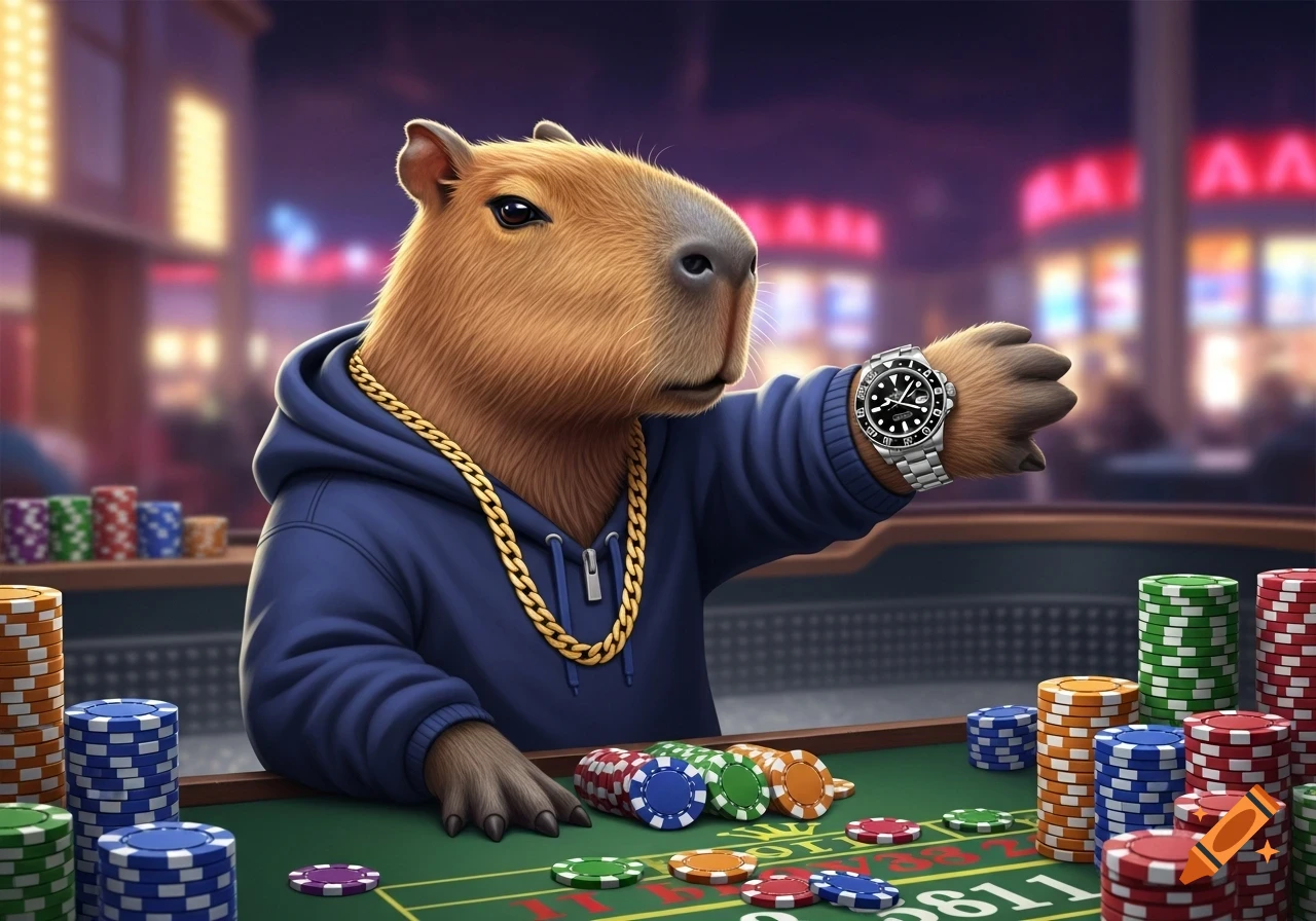 A capybara wearing a blue hoodie and gold chain, checking its Rolex watch at a casino craps table surrounded by poker chips.