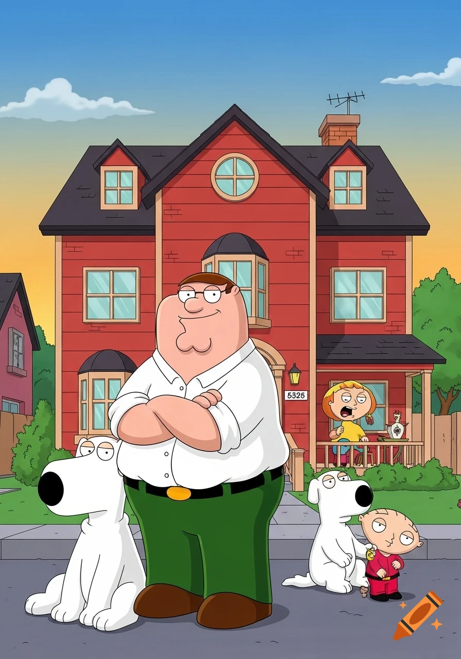 Peter Griffin, Brian, Stewie, and Meg from Family Guy stand outside their red house, drawn in a cartoon style.