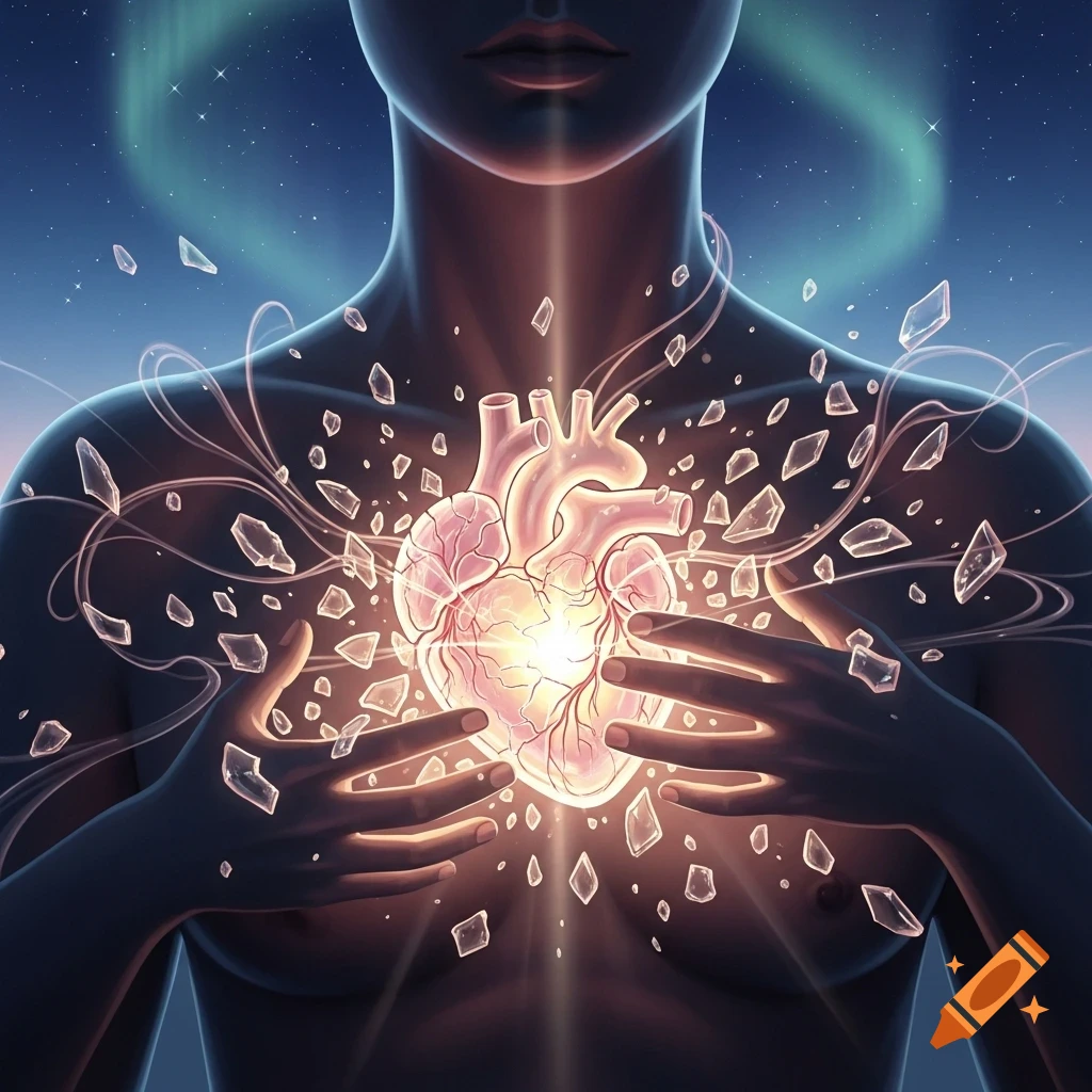 Close-up of a human torso with hands holding a glowing, stylized anatomical heart breaking into crystalline fragments against a starry, cosmic background with an aurora.