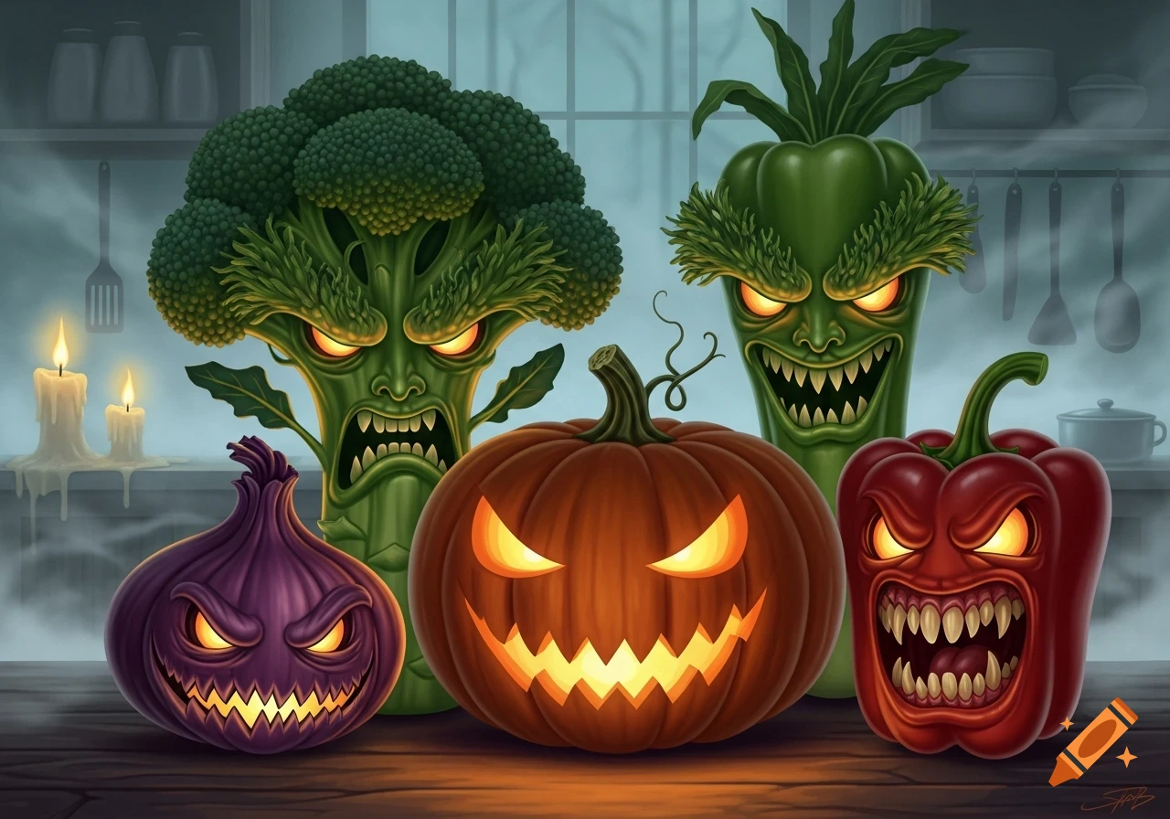 Illustration of scary-faced broccoli, bell peppers, onion, and a jack-o'-lantern in a spooky kitchen with candles.