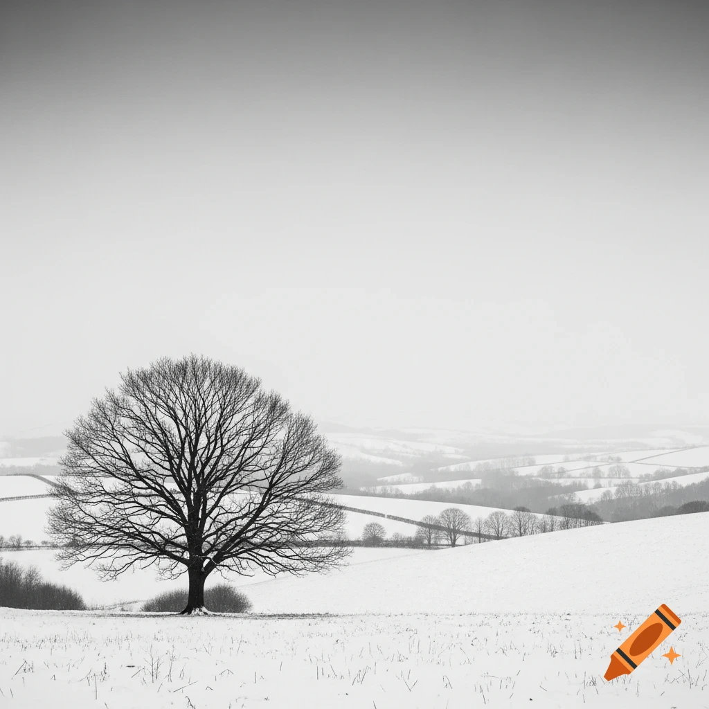 A black and white photograph of a solitary bare tree in a snow-covered field with rolling hills in the background under a cloudy sky.