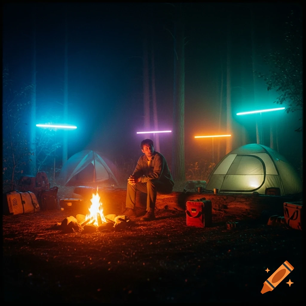 Man sits by a campfire at night in a forest, surrounded by tents and glowing blue, purple, and orange neon light tubes.