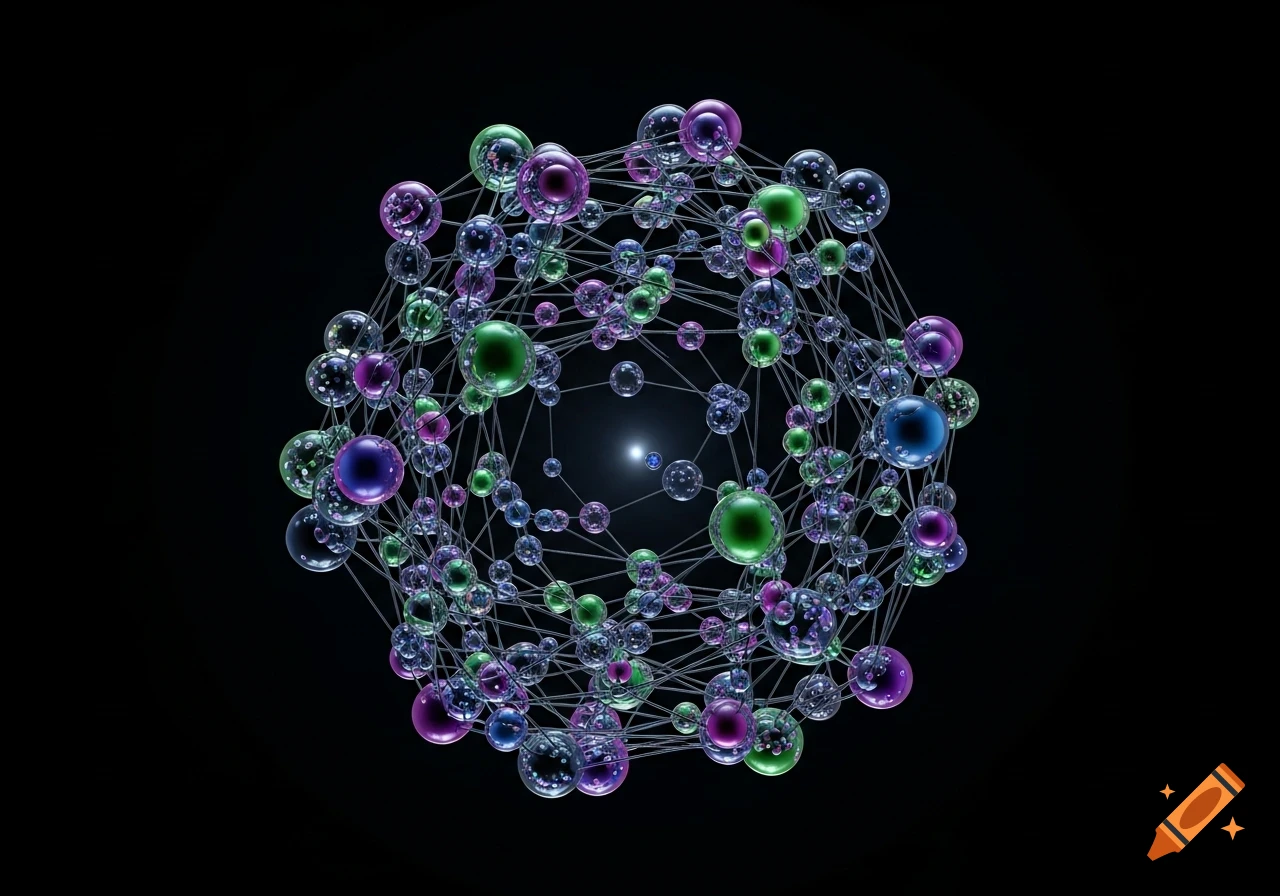 A 3D illustration of a complex structure made of interconnected green, purple, and clear reflective spheres, resembling quantum dots, on a black background.