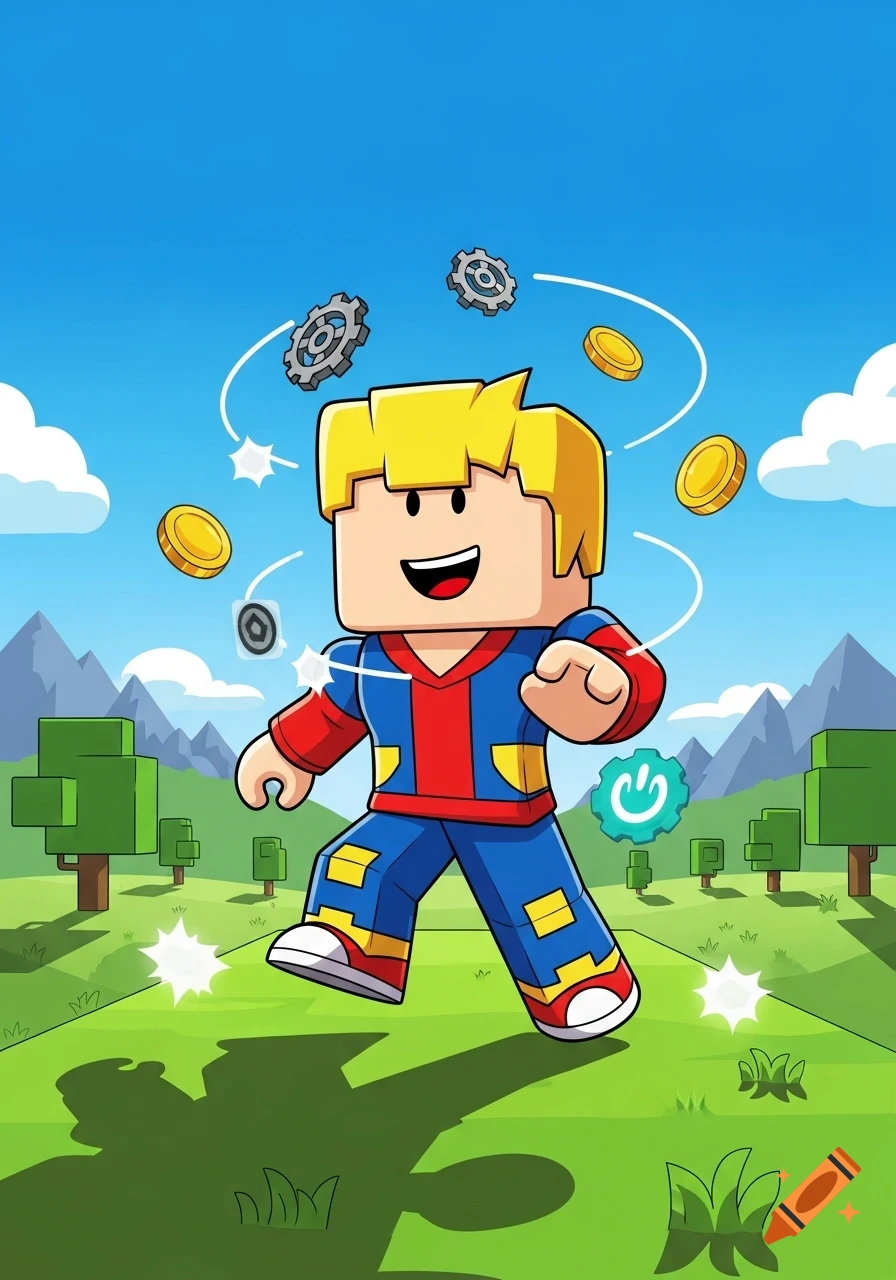 A blocky cartoon character with blonde hair, in a red and blue outfit, walking in a pixelated landscape with floating coins and gears.