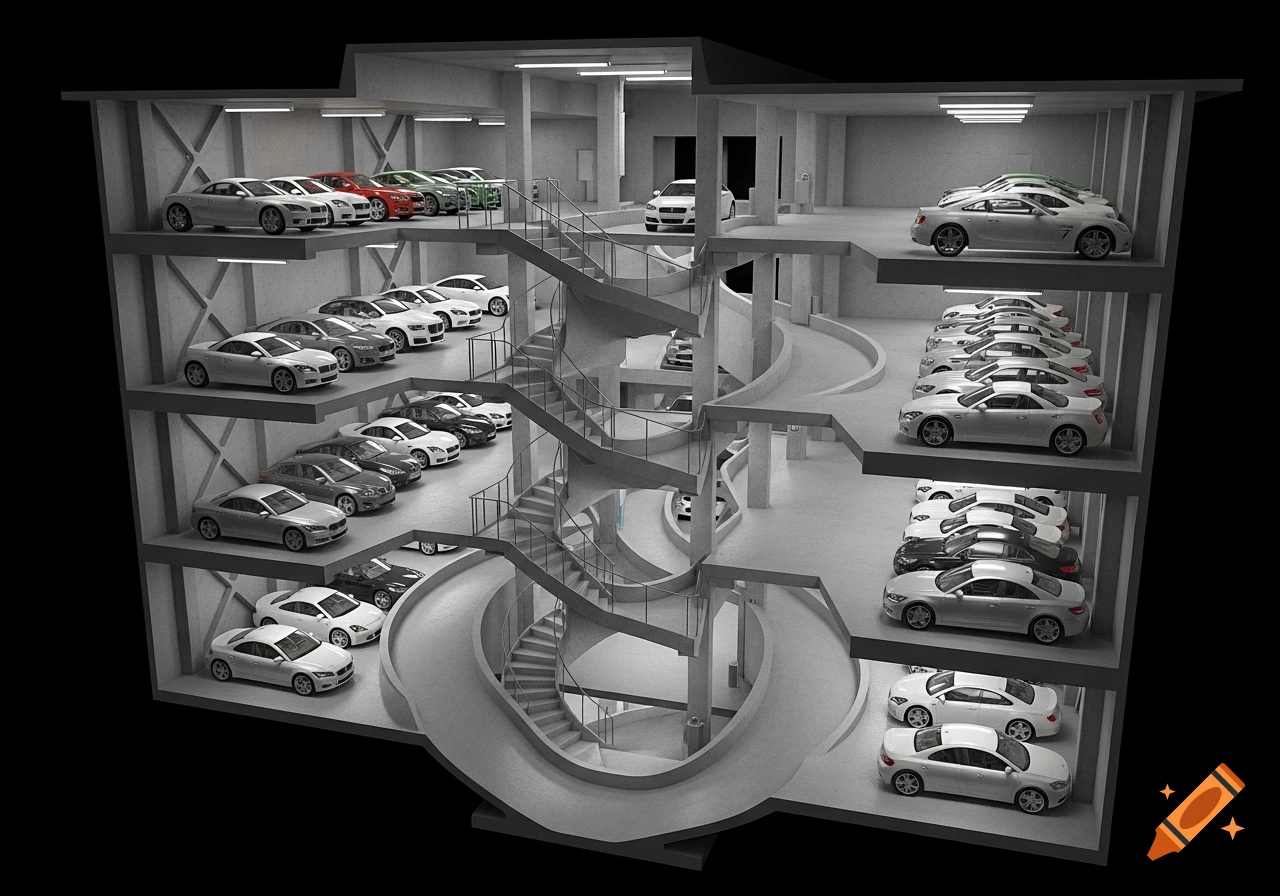 3D architectural rendering of a multi-level underground parking garage with spiral ramps and many parked cars.