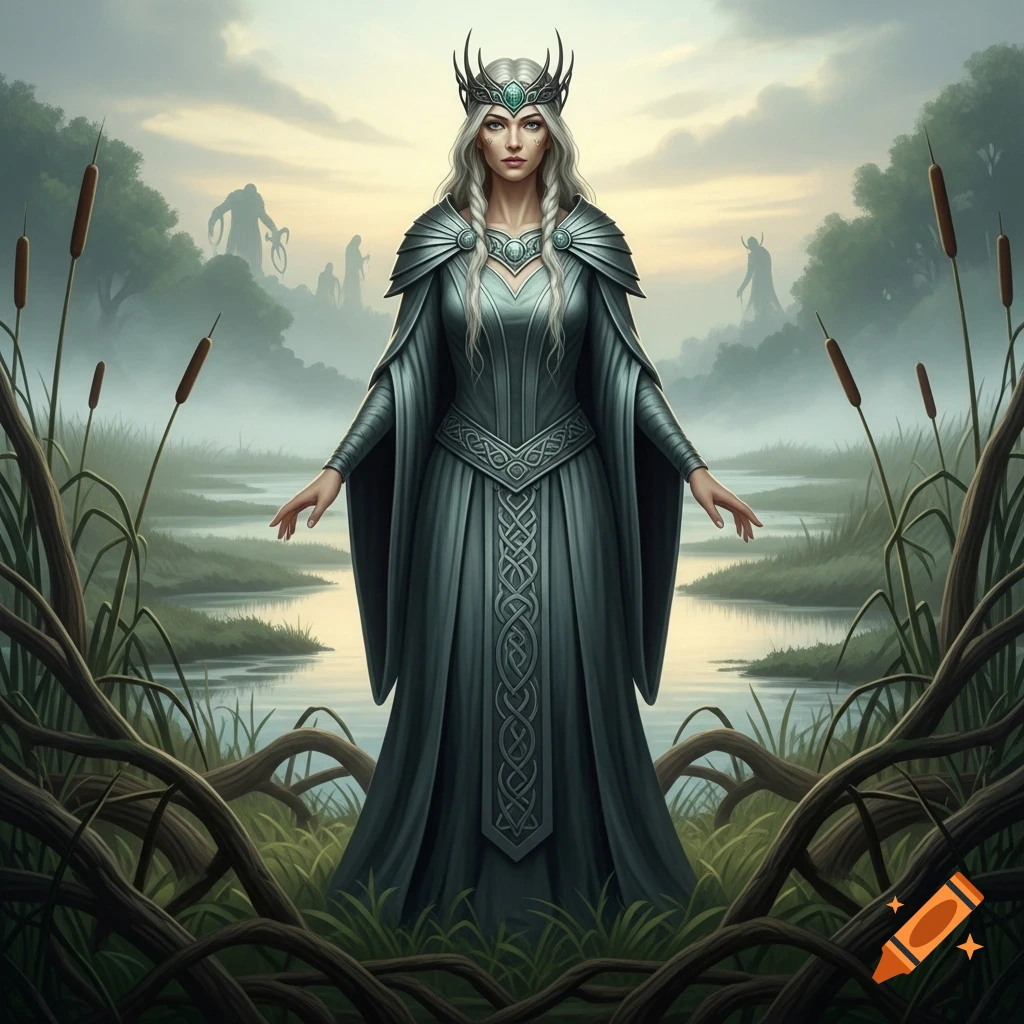 A white-haired goddess in a grey-green gown with Celtic knot patterns and a crown stands in a misty swamp with cattails and shadowy figures in the background.
